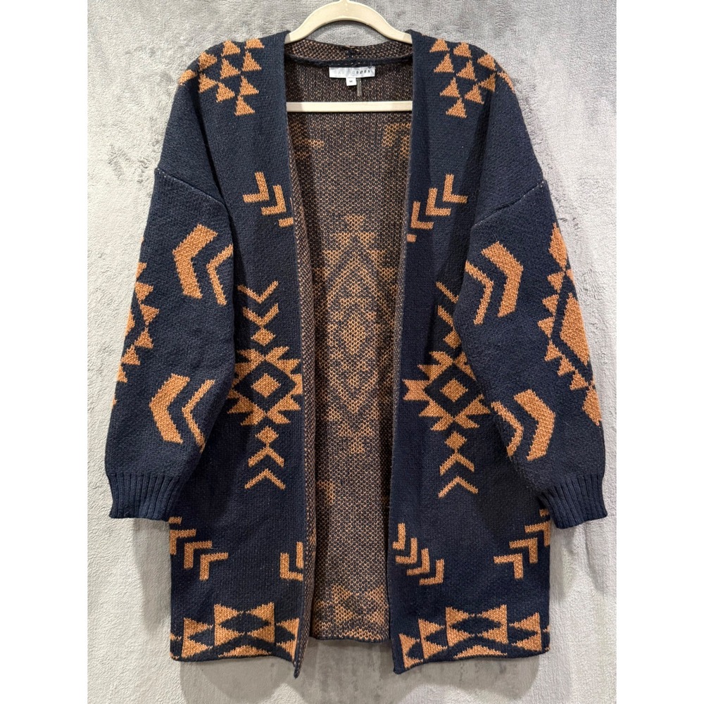 Baltic Born Navy Rust Aztec Tribal Open Front Longline Cardigan Sweater M